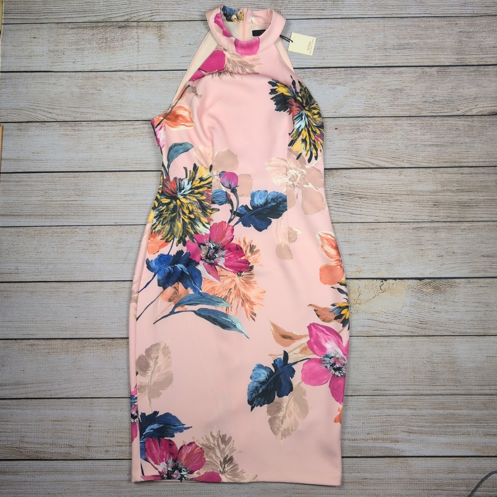 Trina Turk Floral‎ Halter shift Dress Sleeveless Pink Fitted Bodycon Cocktail 6